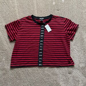 Hot Topic Red and Black Striped Tee with Skull Buttons